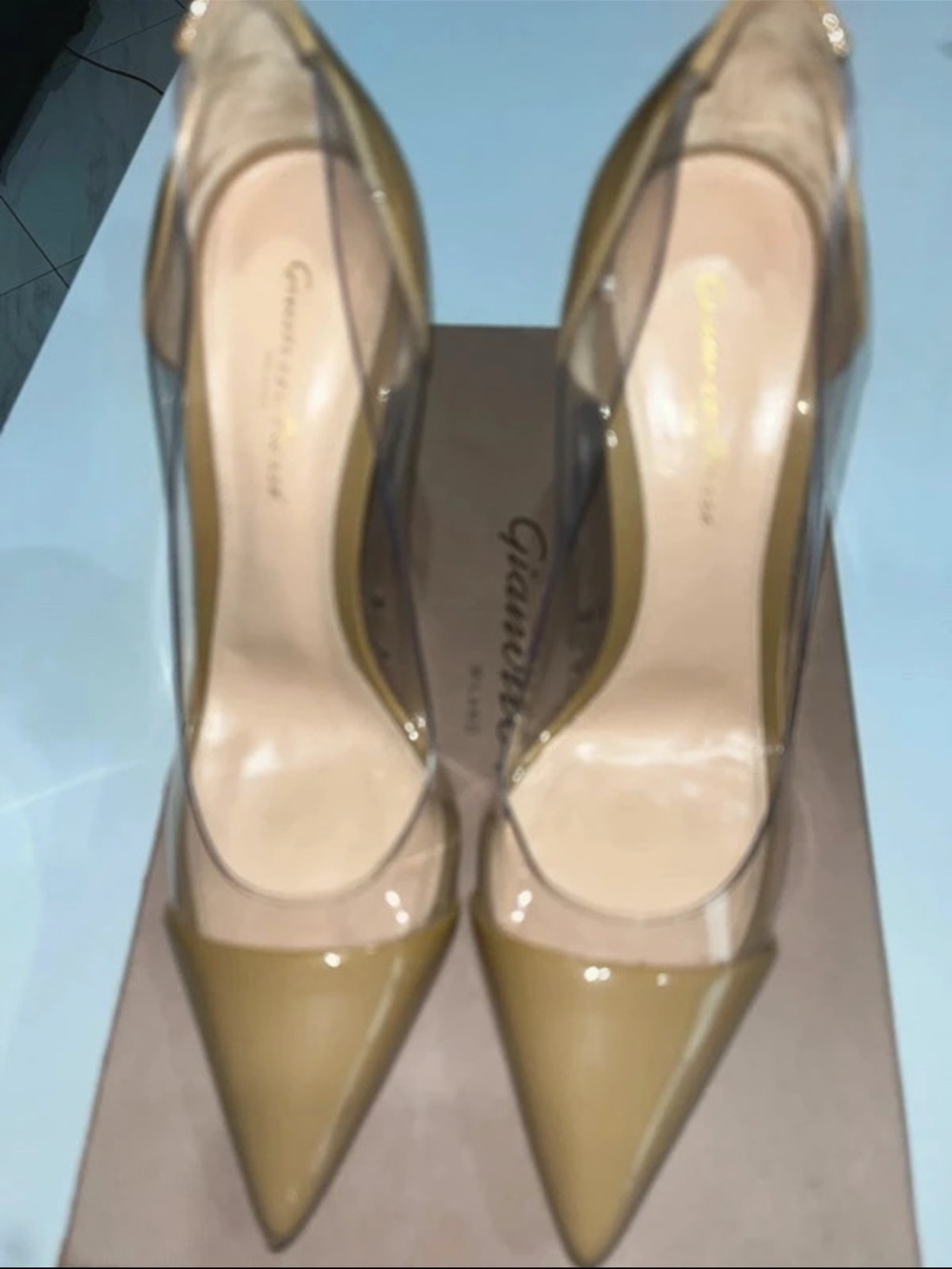 Gianvito Rossi Tan Patent Pointed-Toe Pumps with Clear Sides
